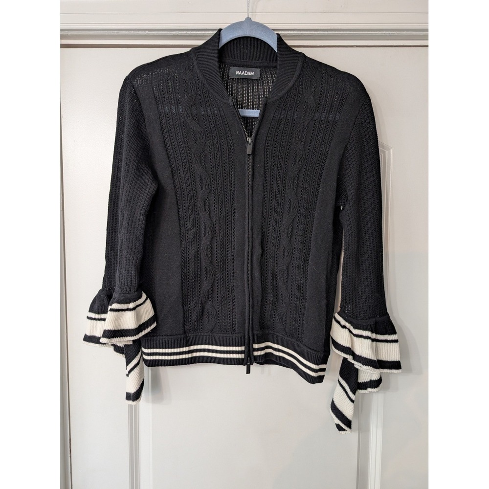 Naadam Zadas‎ Open Knit Cardigan Black Cotton Merino Wool Zip Up Ruffles small